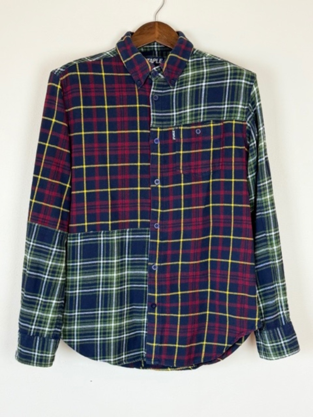 STAPLE Crazy mix Plaid Patchwork Shirt Flannel Colorblock Mens Large Streetwear